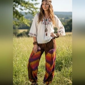 Papillon Blanc Boho Tie Dye Harem Pants Festival Hippie Brown Orange M